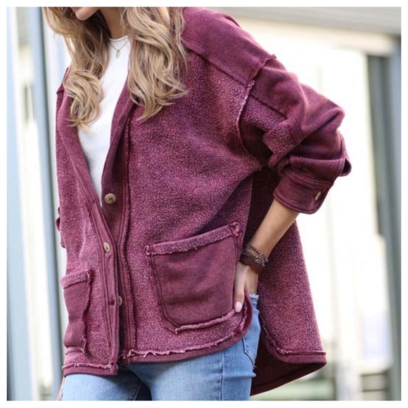 FRENCH TERRY BUTTON FRONT JACKET BURGUNDY - Picture 1 of 2